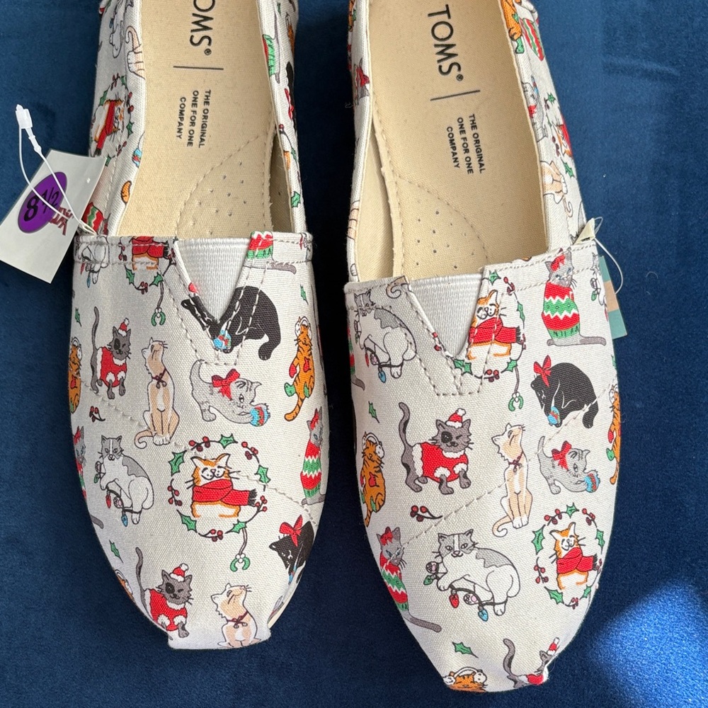 TOMS Multicolor Cat Pattern Holiday Christmas Slip-Ons Size 8.5 NWT - Picture 5 of 8